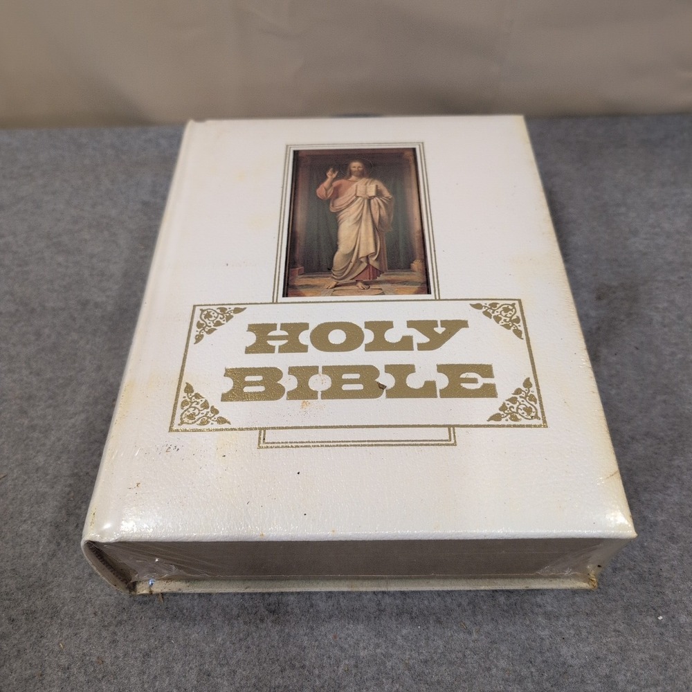 Cornerstoneโ Holy Bible White Hardcover Gold Lettering Illustrated Jesus Cover